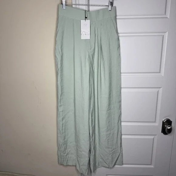 Zara Wide Leg Trousers Women's Small Lime Green High Waisted Modal Full Length - Picture 1 of 10